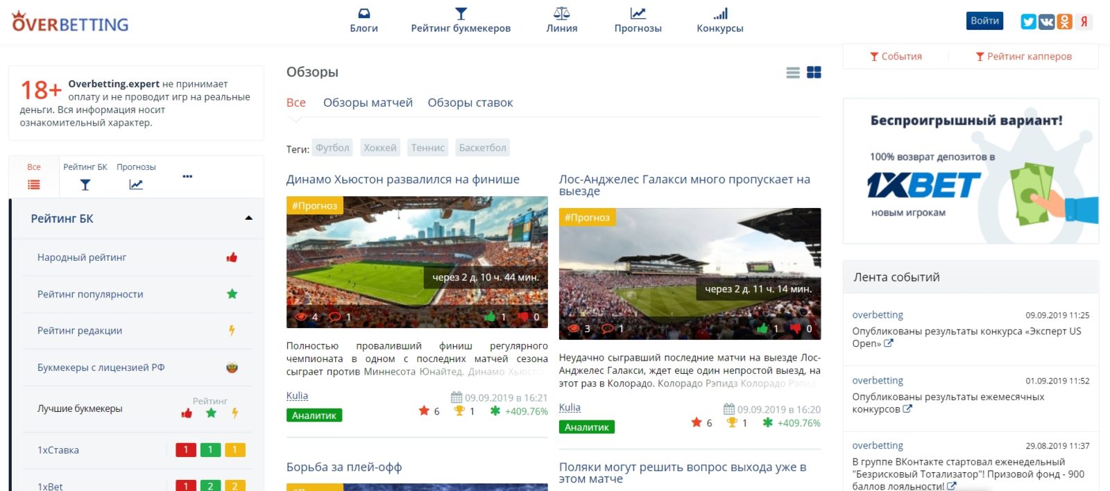 Главная страница сайта Overbetting.net (Овербеттинг)