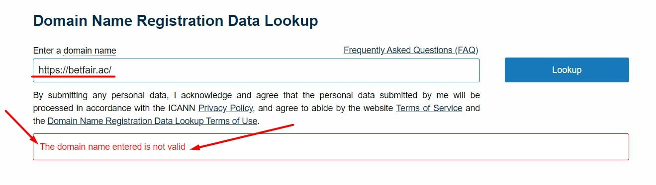 Доменное имя Betfair.ac недействительное